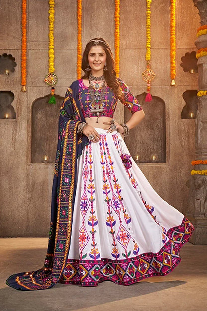 White Exclusive Embroidered With Mirror Work Navratri Chaniya Choli