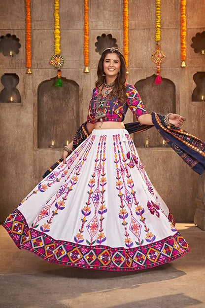 White Exclusive Embroidered With Mirror Work Navratri Chaniya Choli