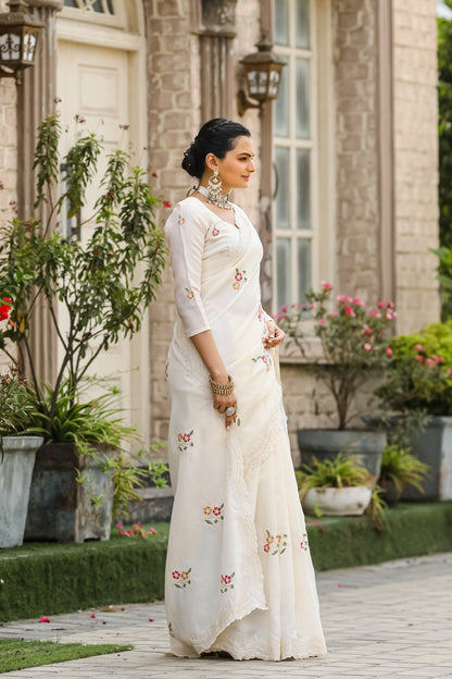 White Tussar Cotton Floral And Sequins Embroidery Work Saree