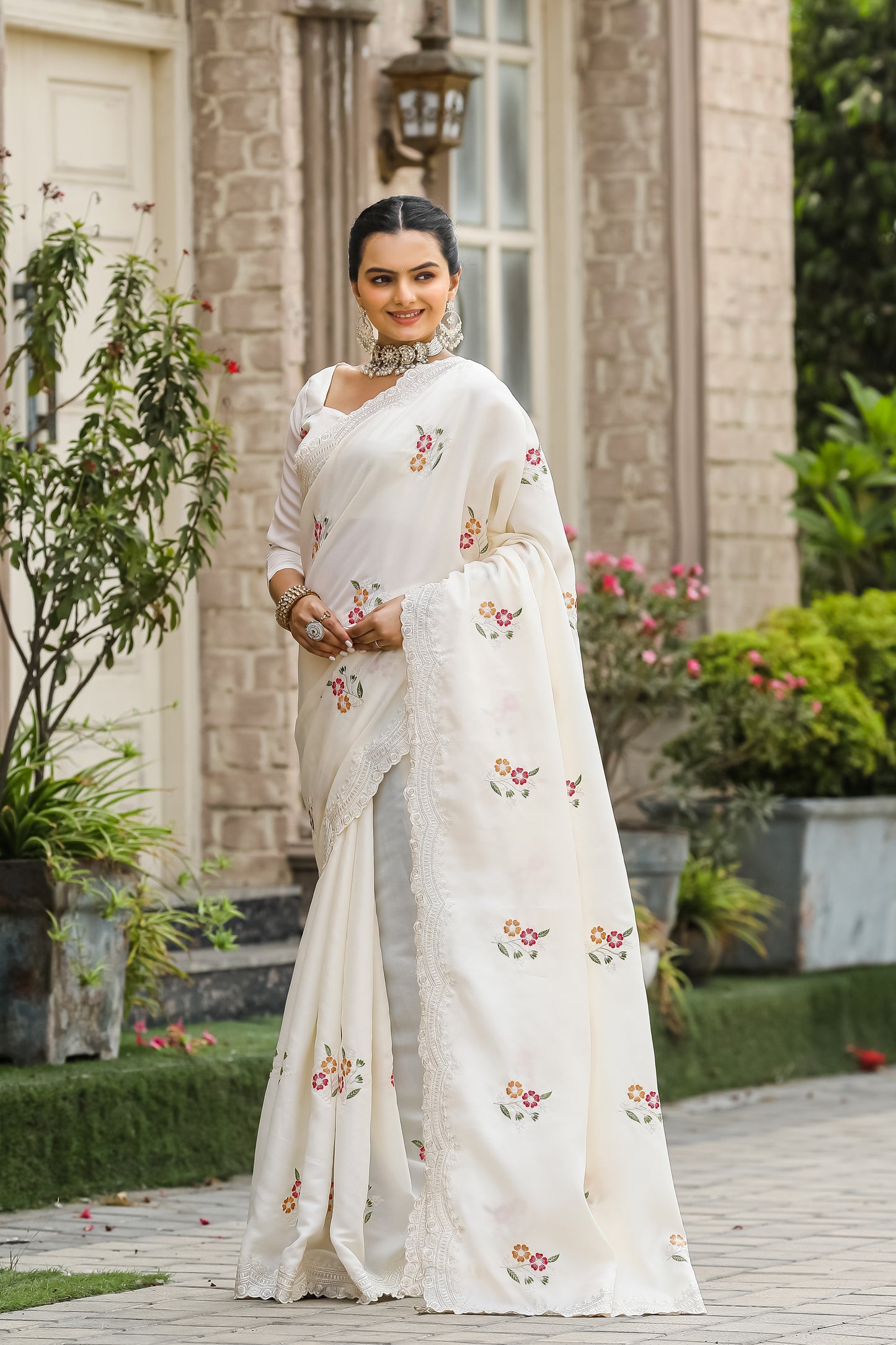 White Tussar Cotton Floral And Sequins Embroidery Work Saree