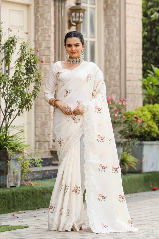 White Tussar Cotton Floral And Sequins Embroidery Work Saree