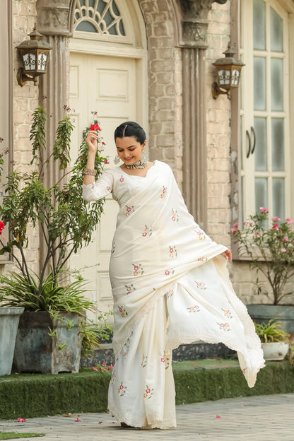 White Tussar Cotton Floral And Sequins Embroidery Work Saree