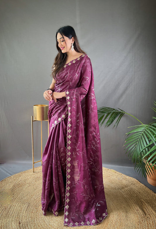 Purple Color Floral Embroidered Silk Blend Saree