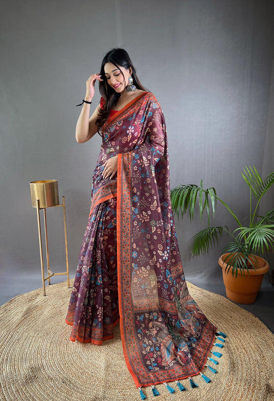 Wine Pure Malai Cotton Women Floral Print with Contrast Border Saree