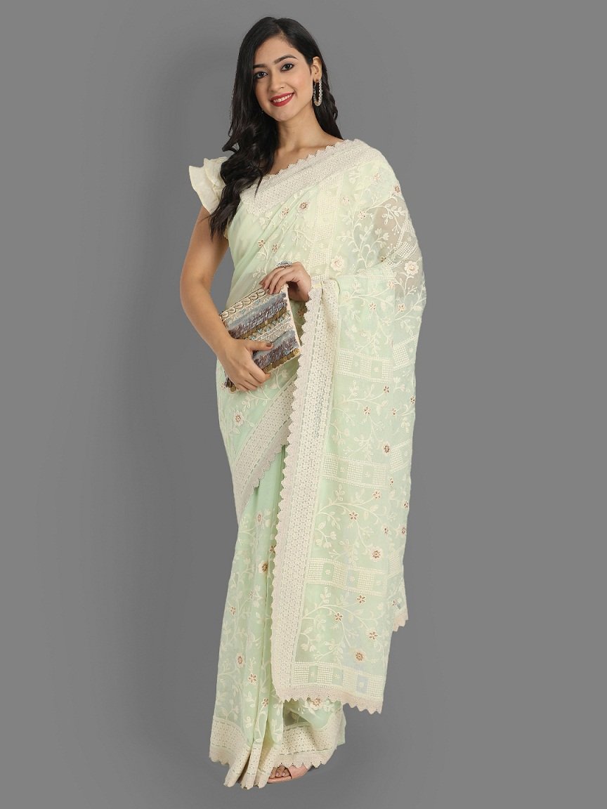 Pista Colour Faux Georgette Beautiful Lakhnavi Work Saree