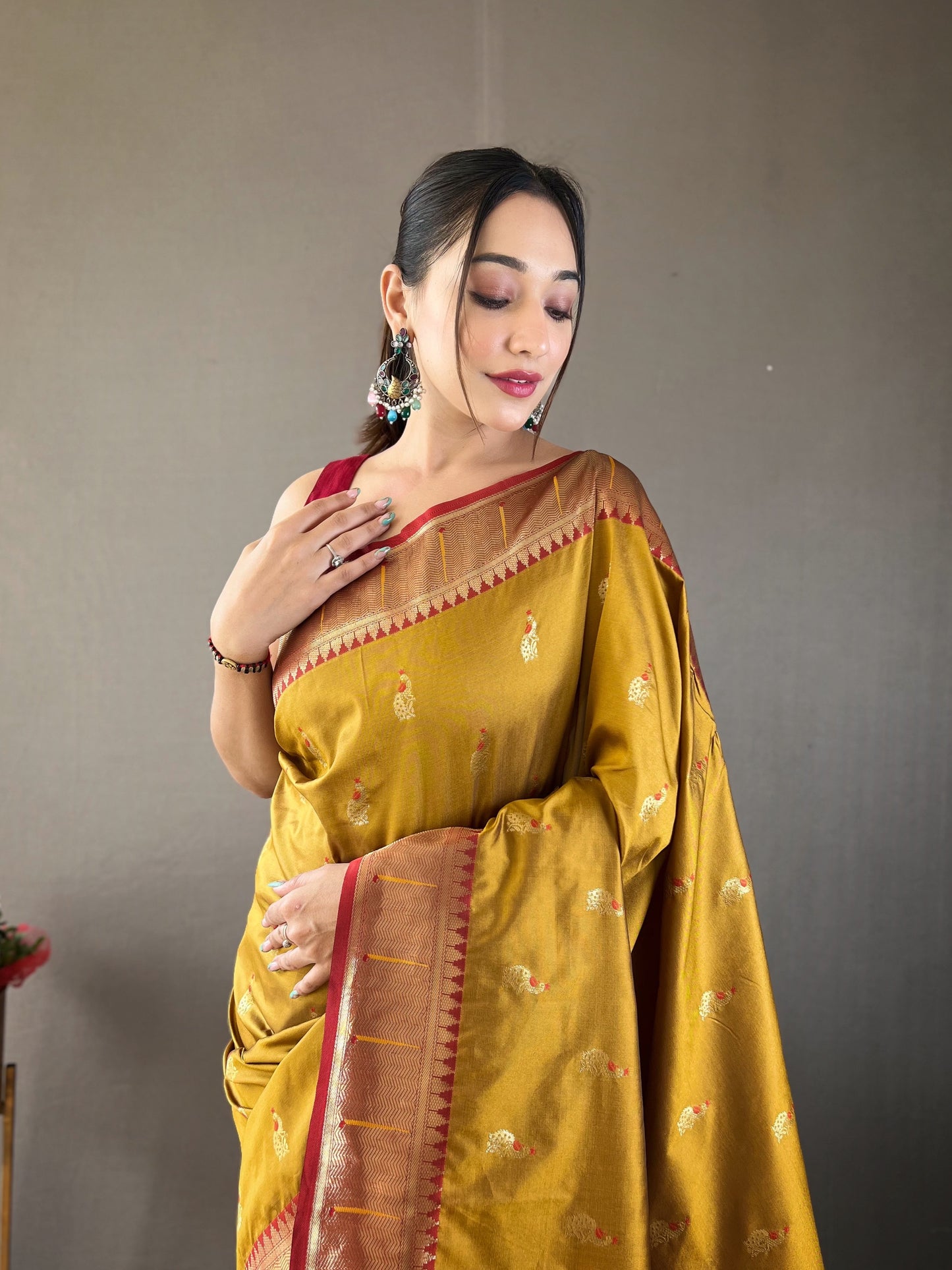 Yellow Paithani Silk Zari Woven Saree