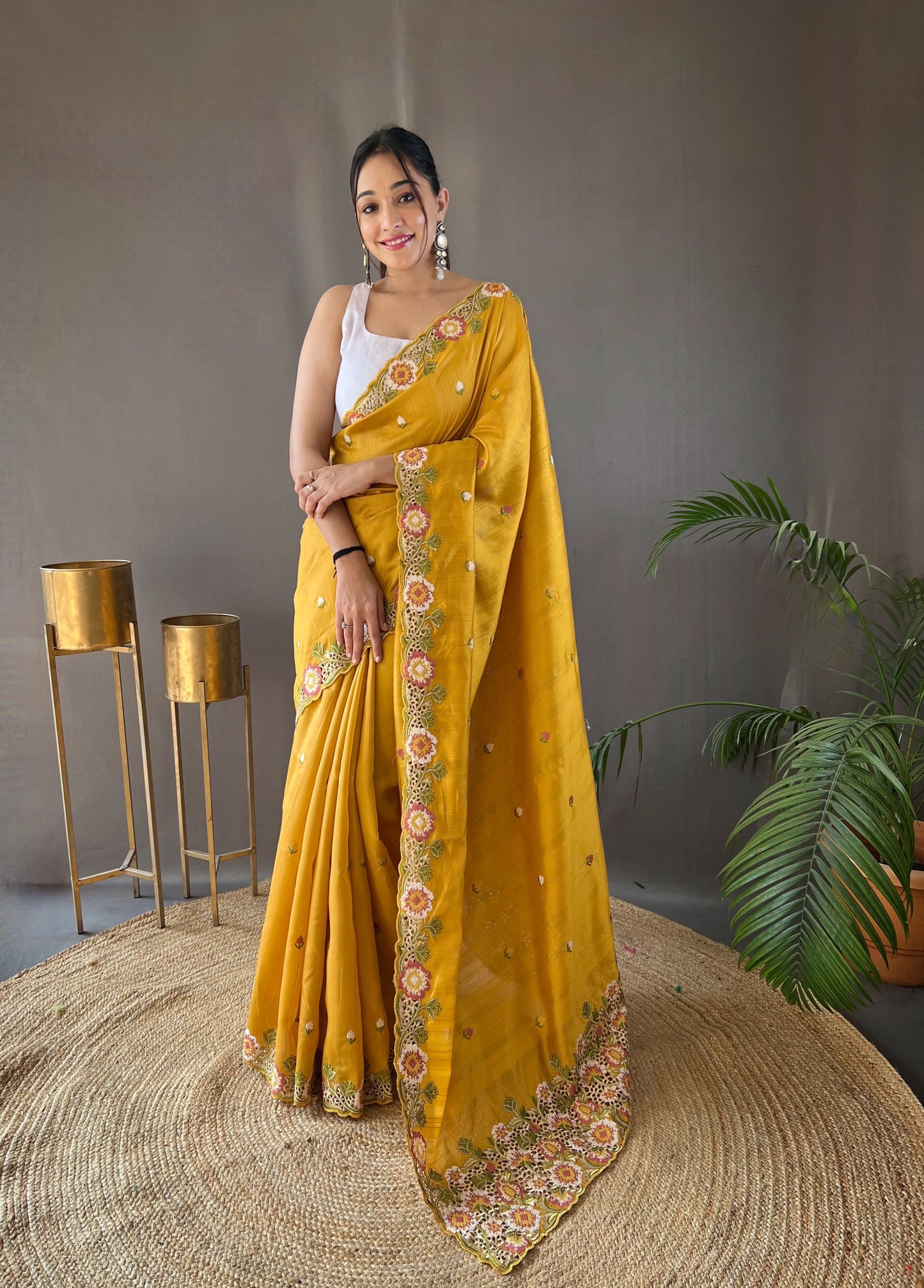 Yellow Pure Tussar Silk Embroidery Work Saree