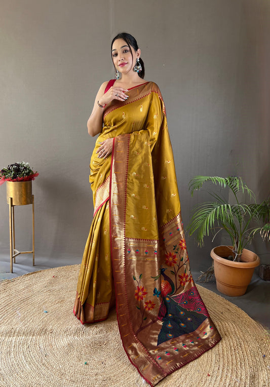 Yellow Paithani Silk Zari Woven Saree