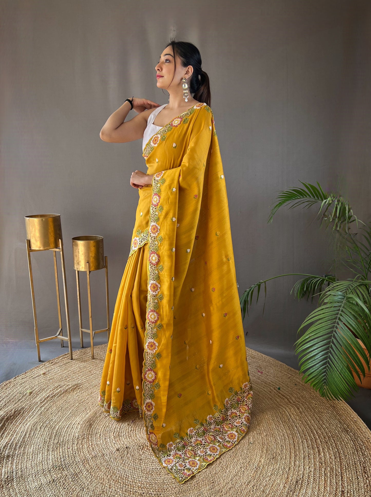 Yellow Pure Tussar Silk Embroidery Work Saree