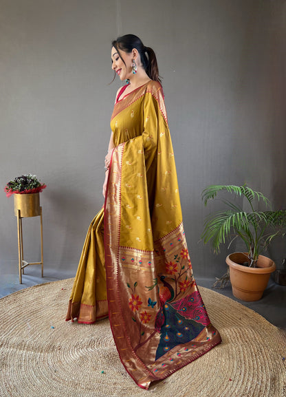 Yellow Paithani Silk Zari Woven Saree