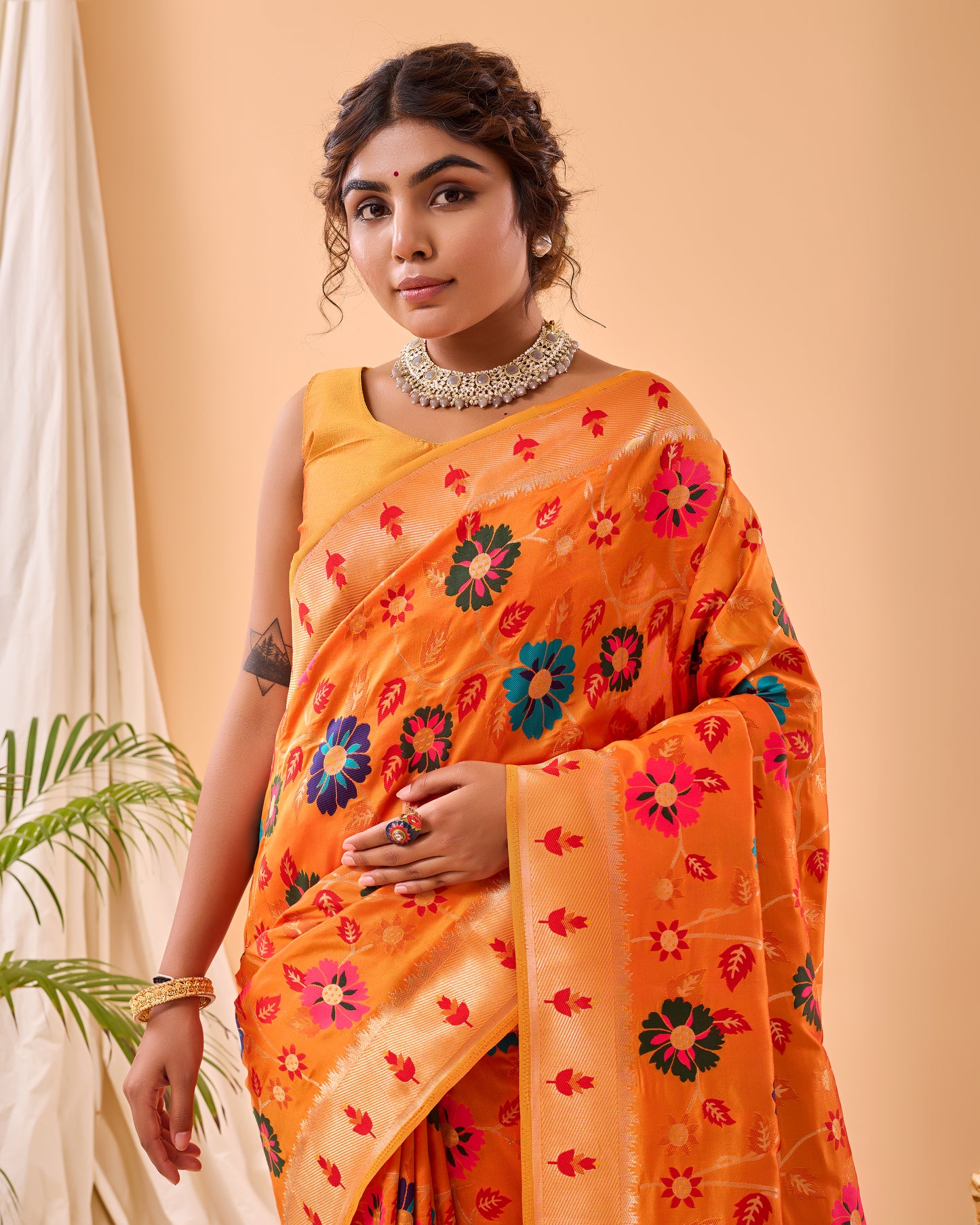 Yellow Kashmiri Pashmina Jaal Silk Woven Meenakari Work Saree