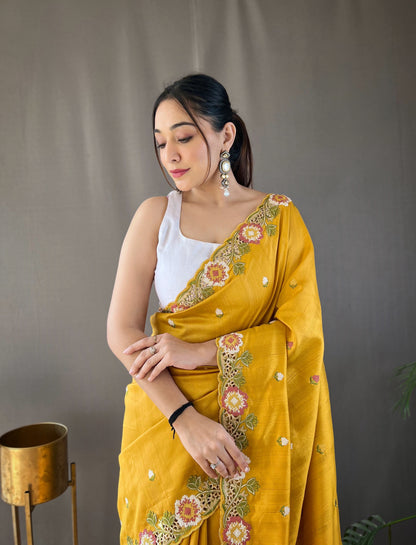 Yellow Pure Tussar Silk Embroidery Work Saree