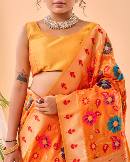 Yellow Kashmiri Pashmina Jaal Silk Woven Meenakari Work Saree