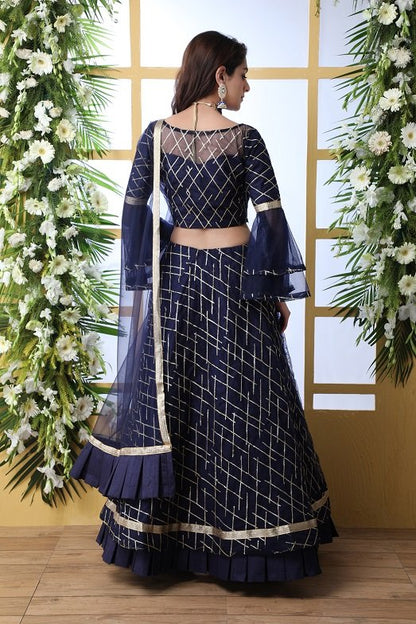 Navy Blue Semi Stitched Lehenga Choli with Dupatta Set