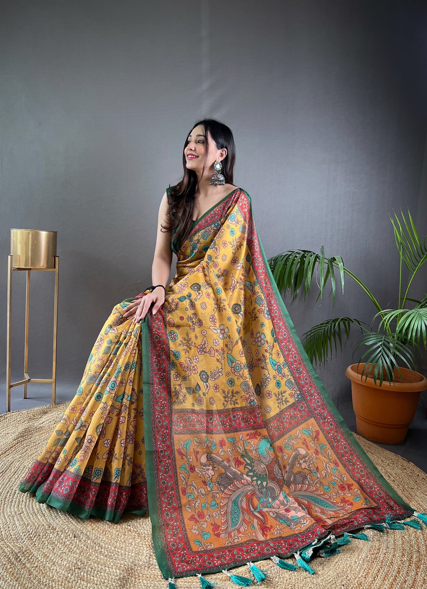 Yellow Pure Malai Cotton Women Floral Print with Contrast Border Saree