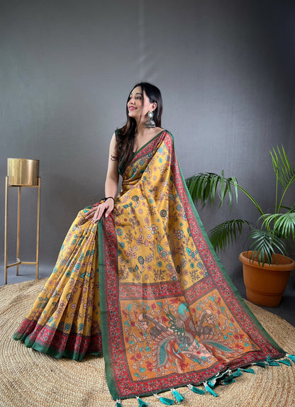 Yellow Pure Malai Cotton Women Floral Print with Contrast Border Saree