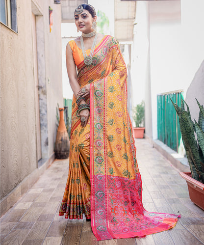 Yellow Soft Elegant Patola Silk With All Over Meenakari Patola Weaving Saree