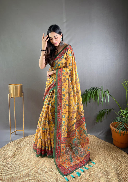 Yellow Pure Malai Cotton Women Floral Print with Contrast Border Saree