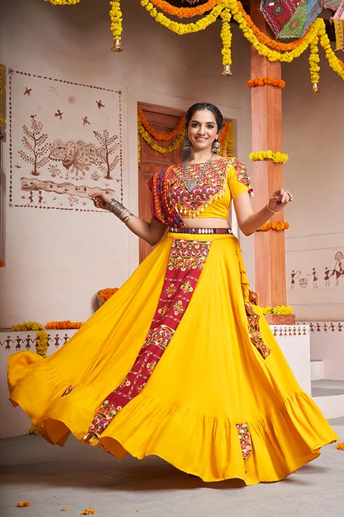 Yellow Exclusive With Mirror Work New Stylish Navratri Lehenga