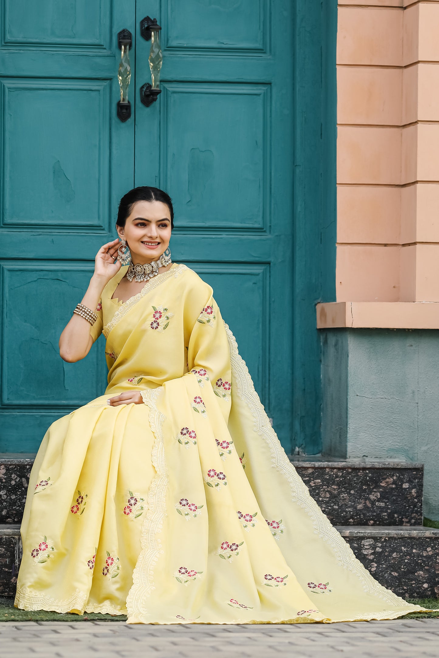 Yellow Tussar Cotton Floral And Sequins Embroidery Work Saree