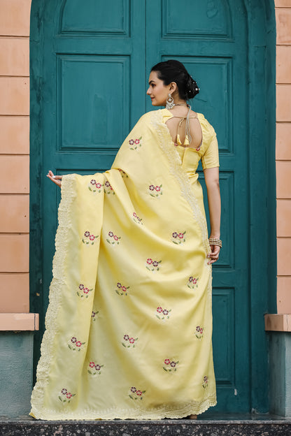 Yellow Tussar Cotton Floral And Sequins Embroidery Work Saree