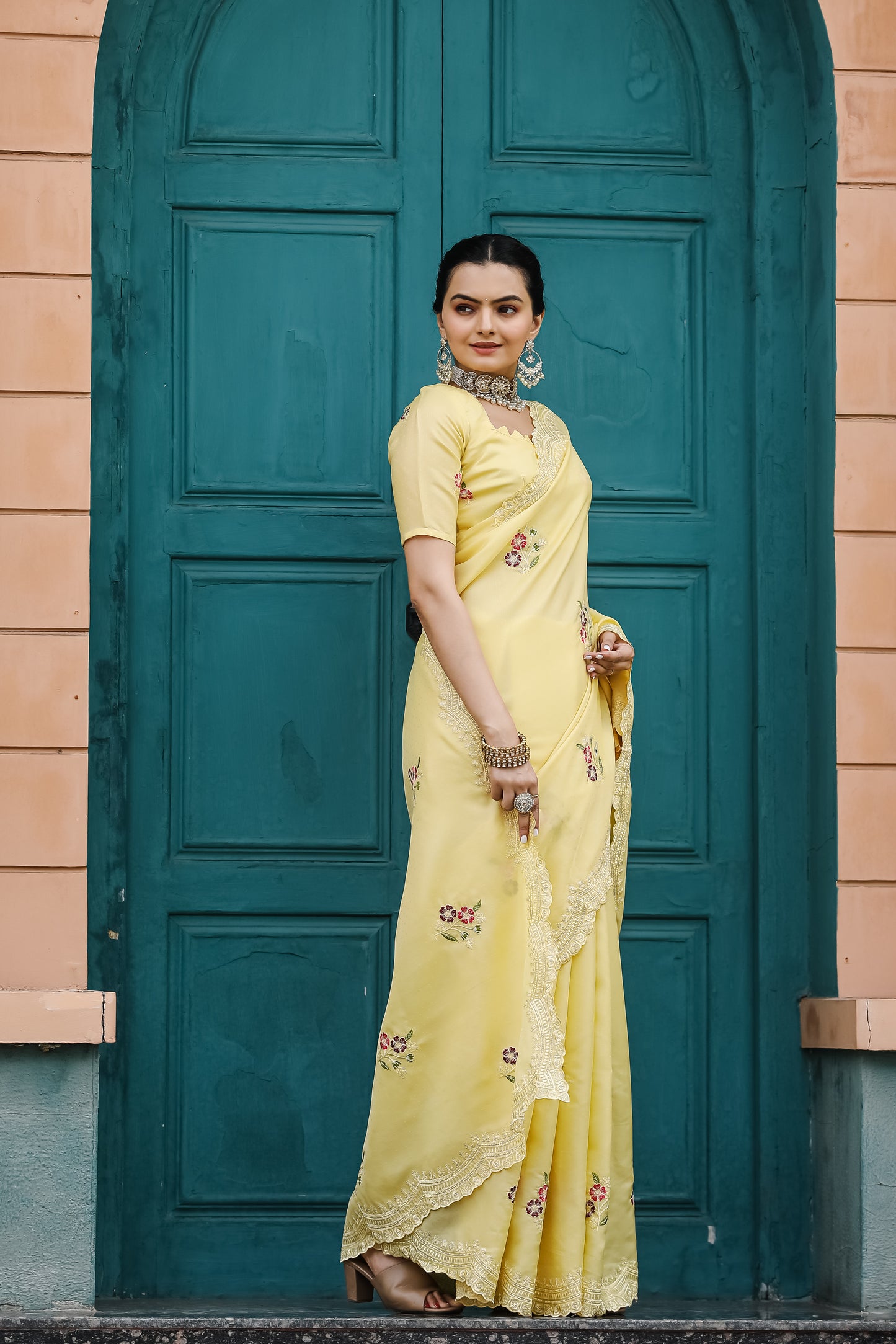 Yellow Tussar Cotton Floral And Sequins Embroidery Work Saree