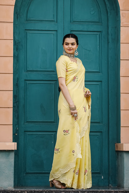 Yellow Tussar Cotton Floral And Sequins Embroidery Work Saree