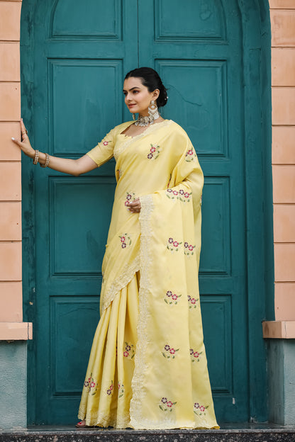 Yellow Tussar Cotton Floral And Sequins Embroidery Work Saree