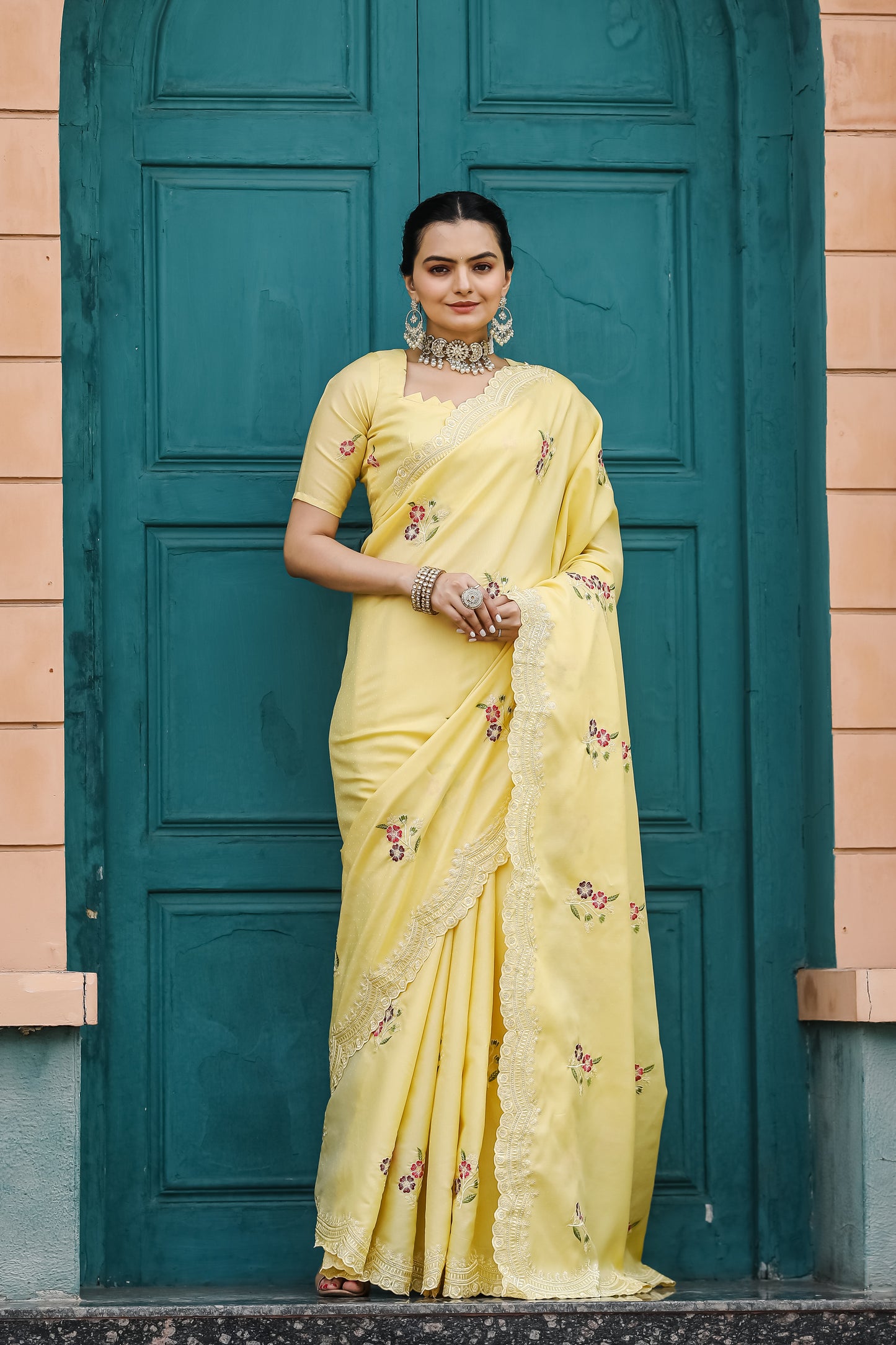 Yellow Tussar Cotton Floral And Sequins Embroidery Work Saree