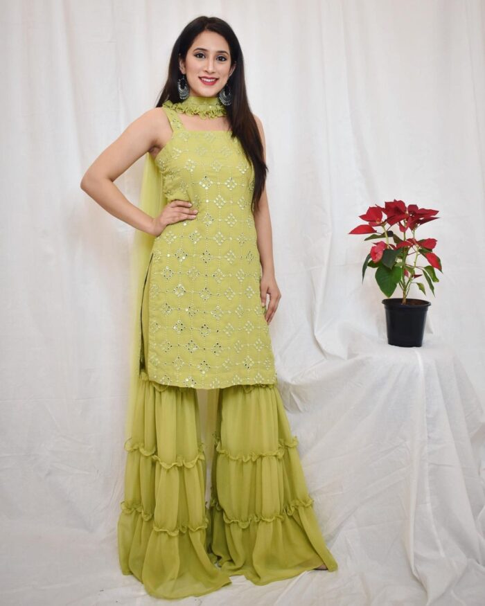 Parrot Green Colored Festive Wear Embroidered Mirror Worked Sharara Suit with Dupatta