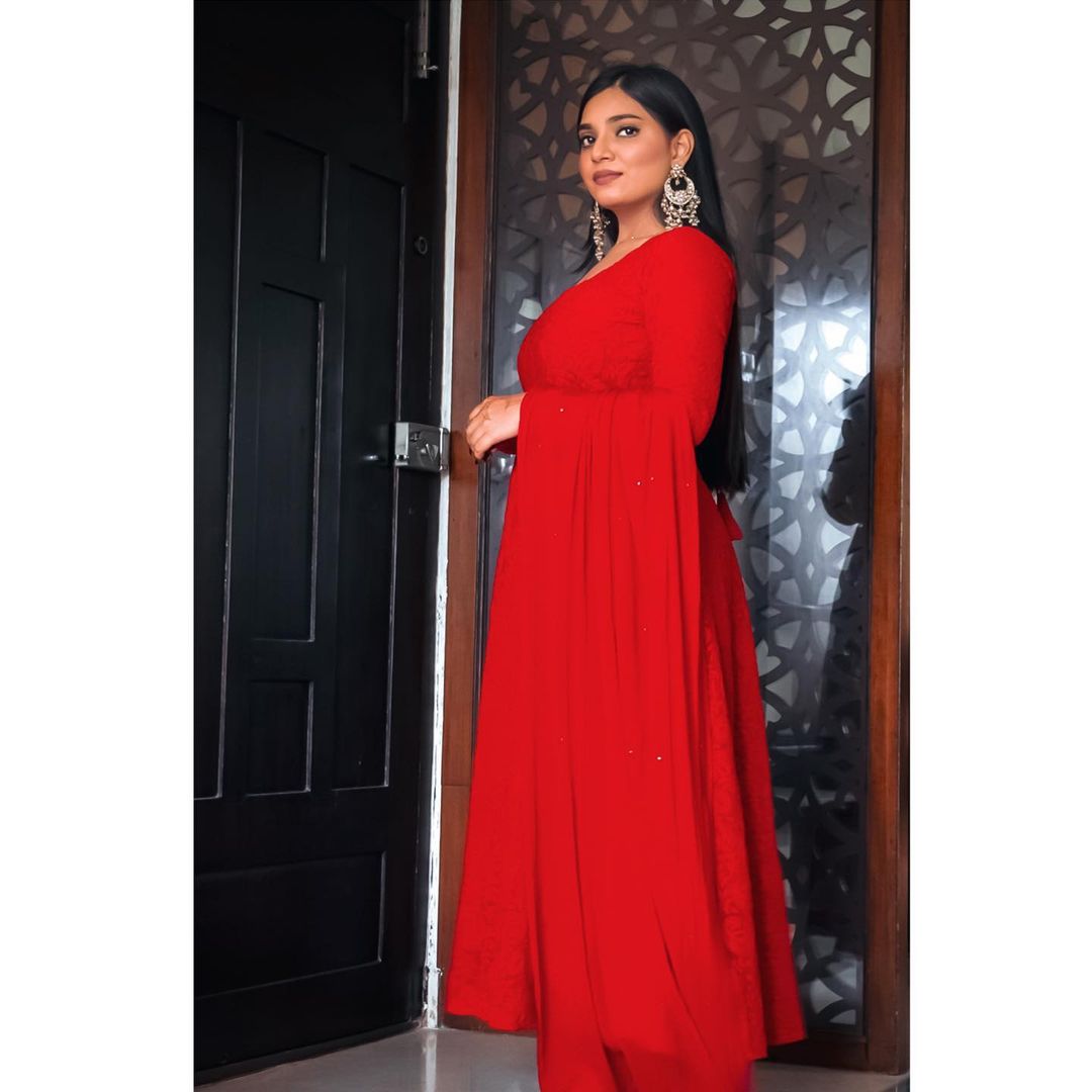 Elegant Red Colored Chikankari Floor Touch Gown With Duppata