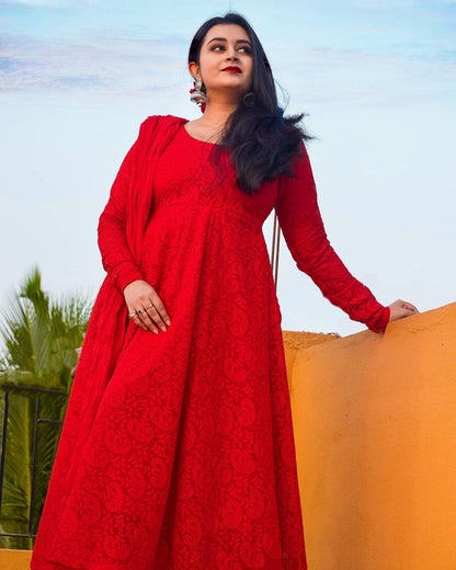 Elegant Red Colored Chikankari Floor Touch Gown With Duppata