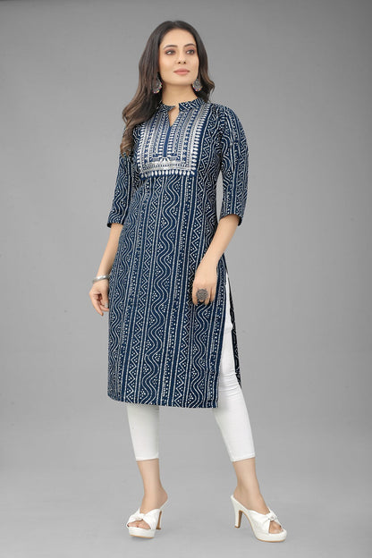 Blue Cotton Round Nack Embroidery Kurti