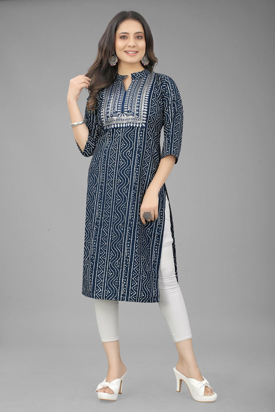 Blue Cotton Round Nack Embroidery Kurti