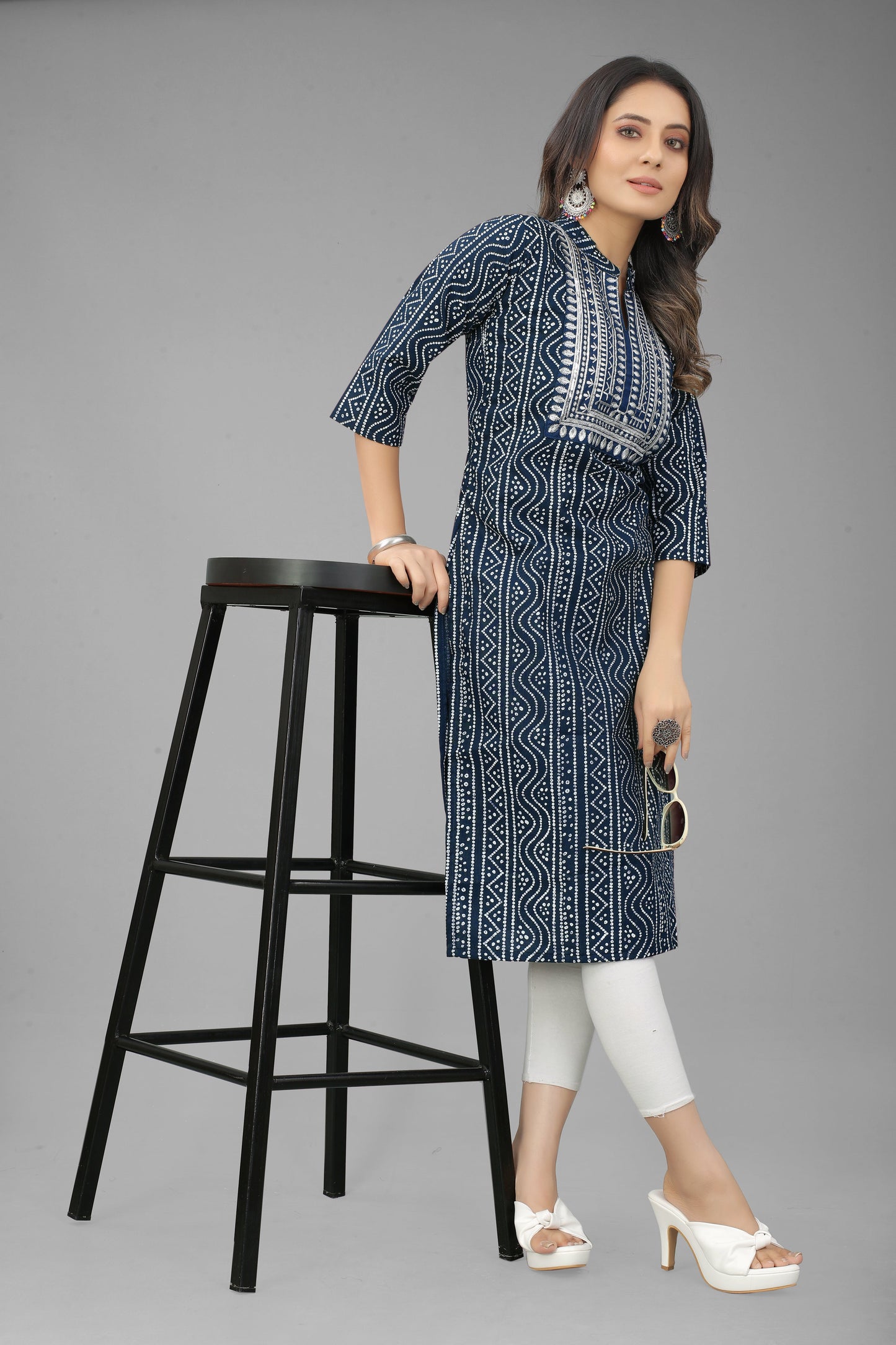 Blue Cotton Round Nack Embroidery Kurti