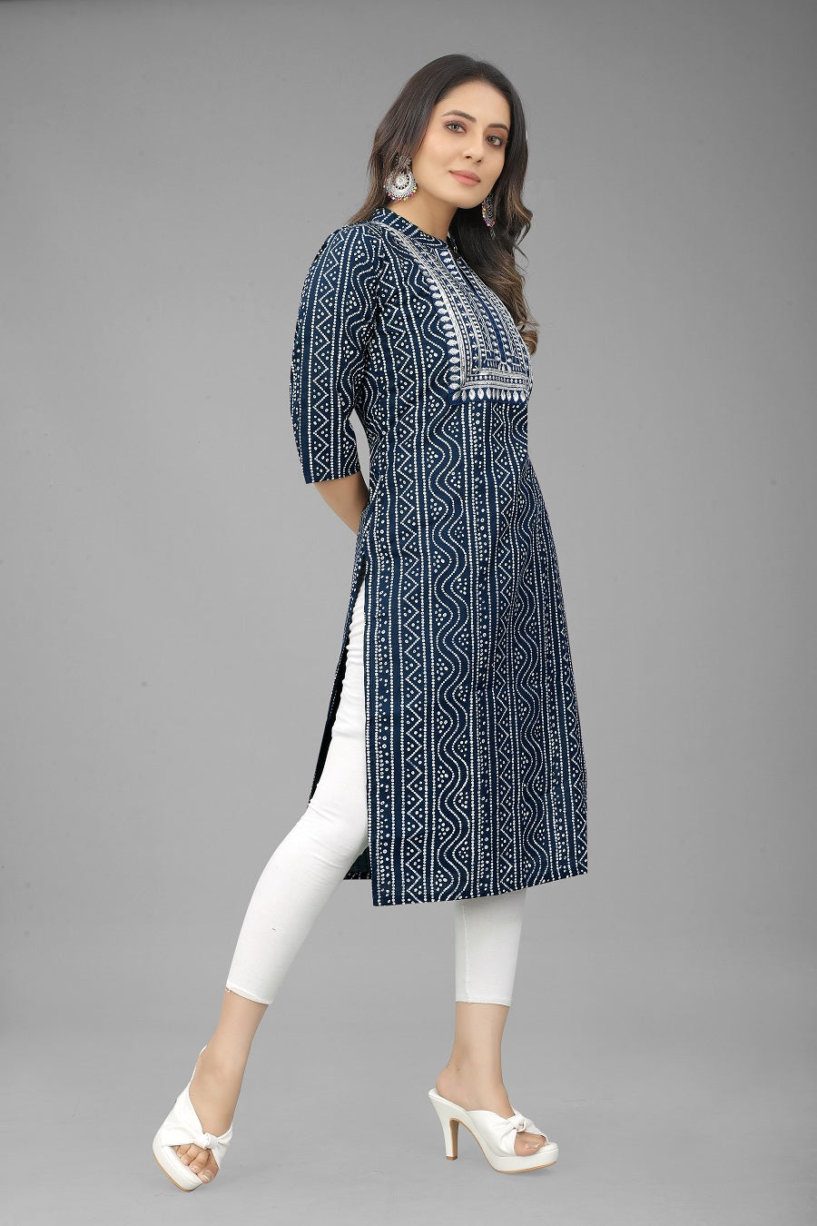 Blue Cotton Round Nack Embroidery Kurti