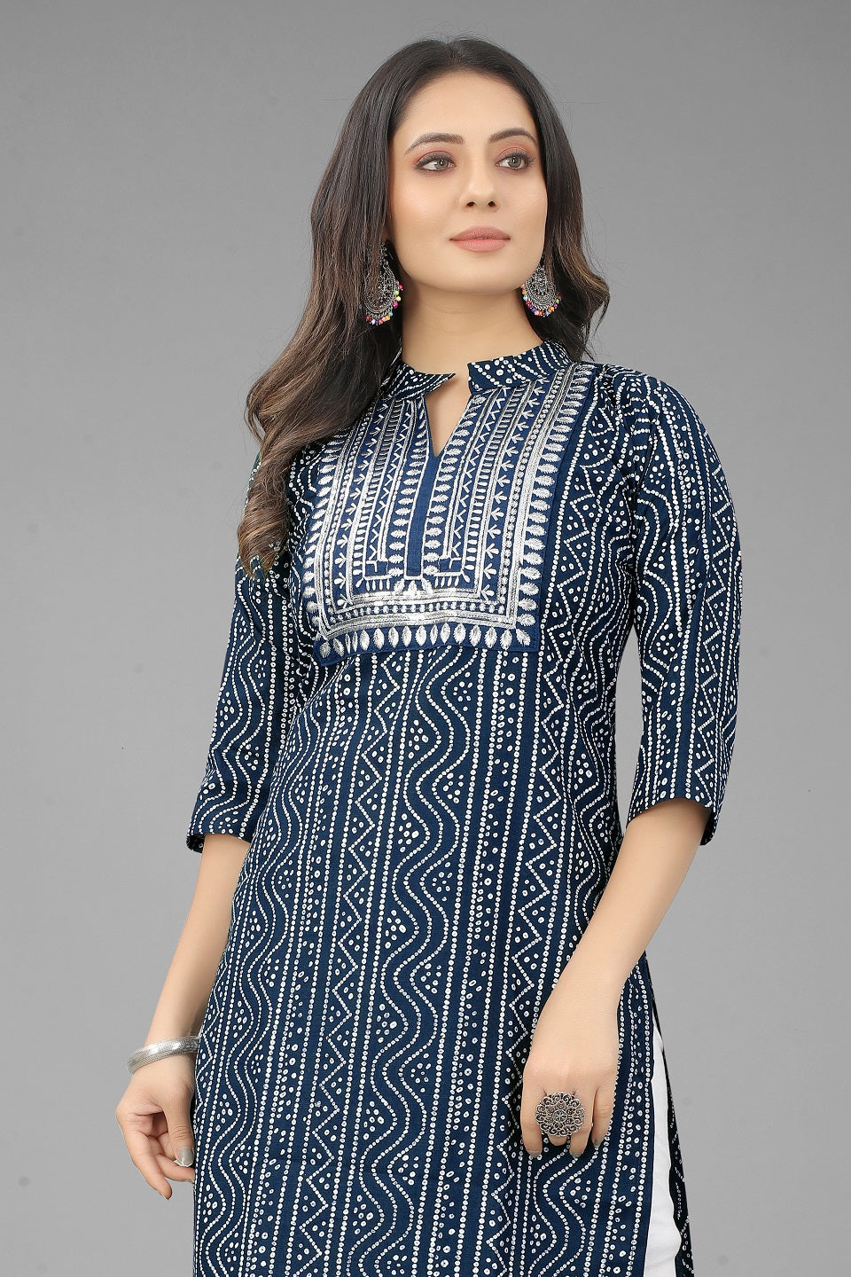 Blue Cotton Round Nack Embroidery Kurti