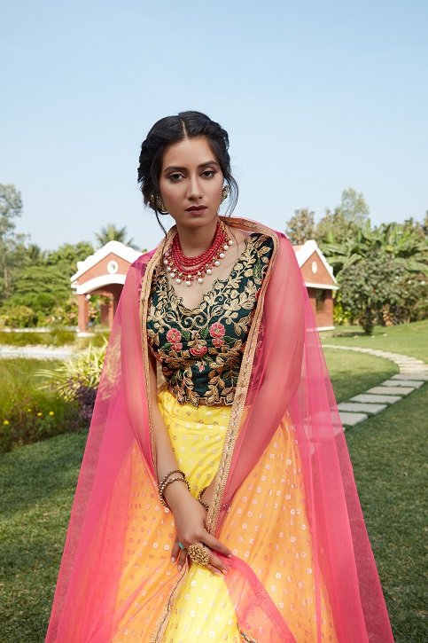 Yellow Green Color Lehenga Choli with Contrast Pink Dupatta