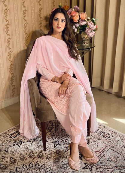 Pink Lucknowi Chikankari Work Georgette Salwar Suit