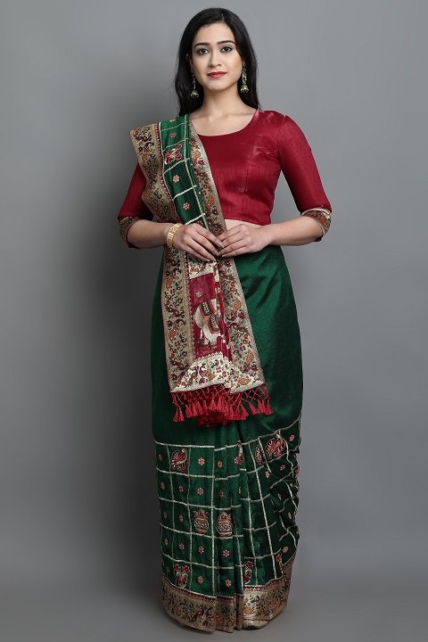 Patola Silk Saree | Bottle Green, Red Panetar Wedding Saree | Doli Design Saree
