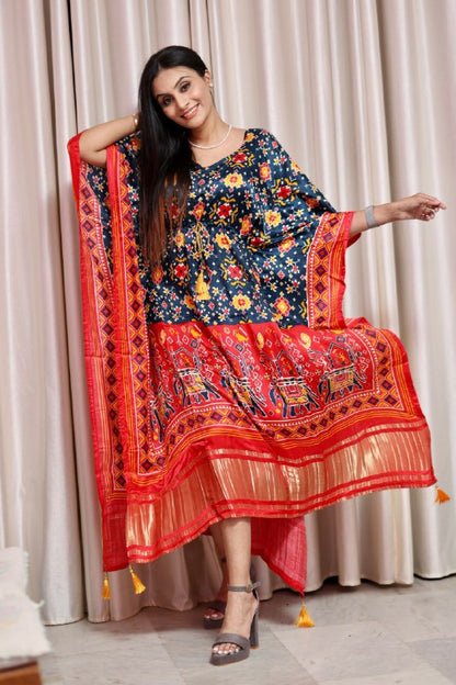 Multi Color Bandhani Printed Pure Gaji Silk Kaftan Gown