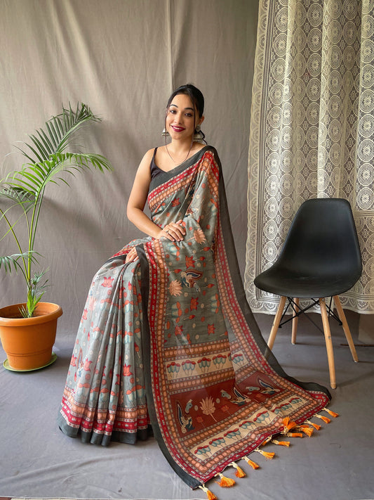 BEE GREEN KALAMKARI PRINTED COTTON SILK SAREE