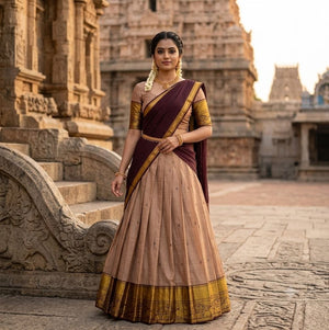 Beige and Dark Wine Purple Kanci Cotton Zari Weaving Work South Indian Half Saree Lehenga Choli Set flat lay view by The Beauty Queen