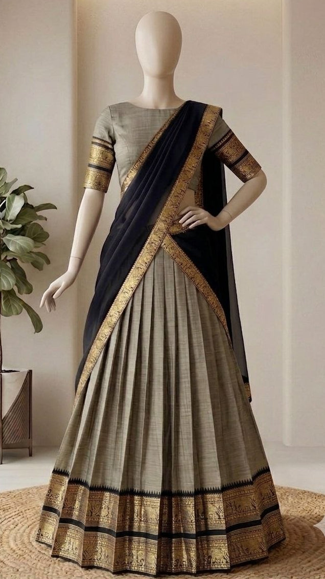 Beige Gold and Jet Black Kanci Cotton Zari Weaving Work South Indian Half Saree Langa Voni Set flat lay view by The Beauty Queen