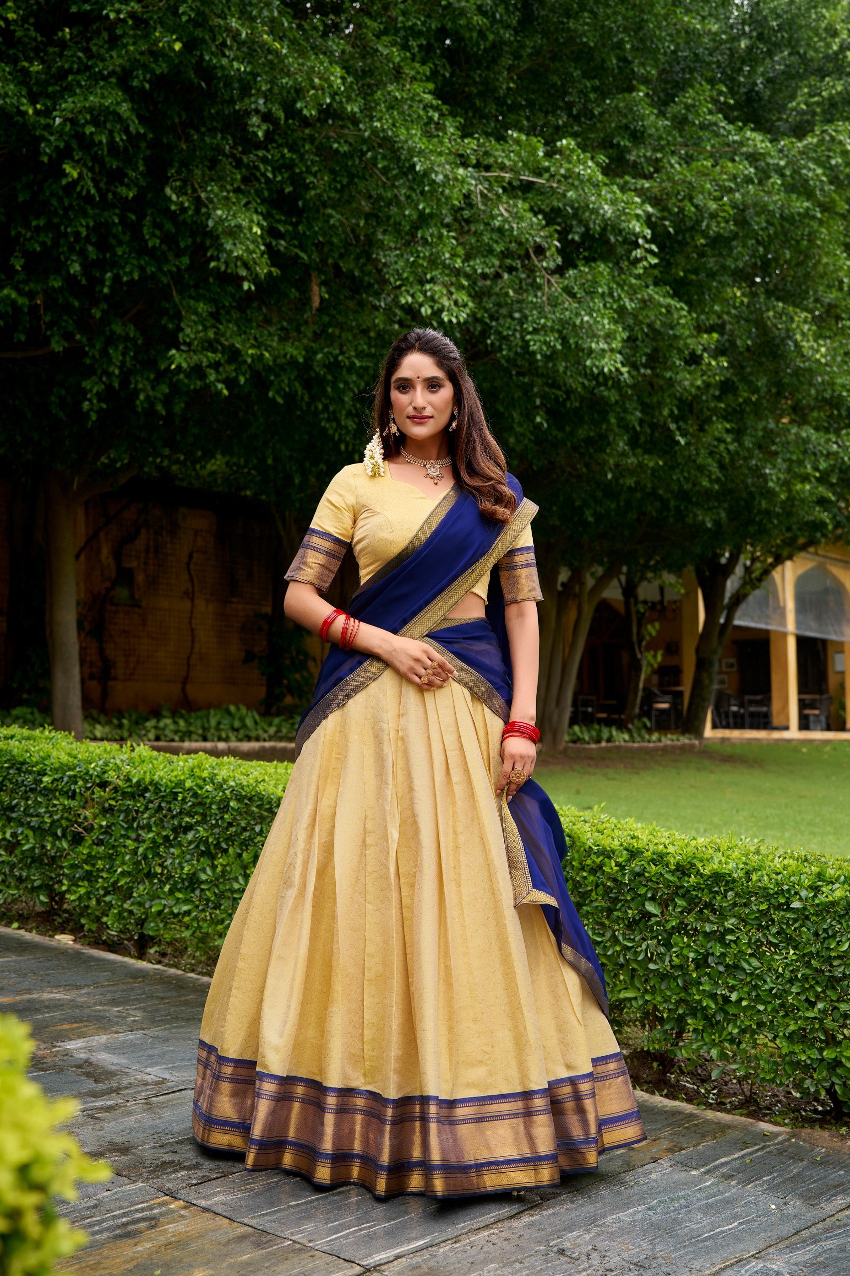 Beige Gold and Royal Blue Kanchipuram Zari Weaving Work South Indian Half Saree Lehenga Choli Set by The Beauty Queen