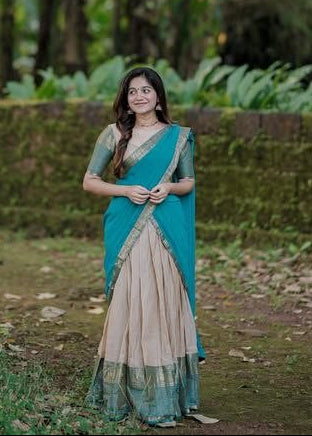 Beige Gold and Sky Blue Kanci Cotton Zari Weaving Work South Indian Half Saree Lehenga Choli Set flat lay view by The Beauty Queen