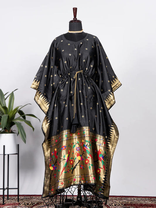 Black Color Weaving Zari Work Jacquard Paithani Kaftan Dress