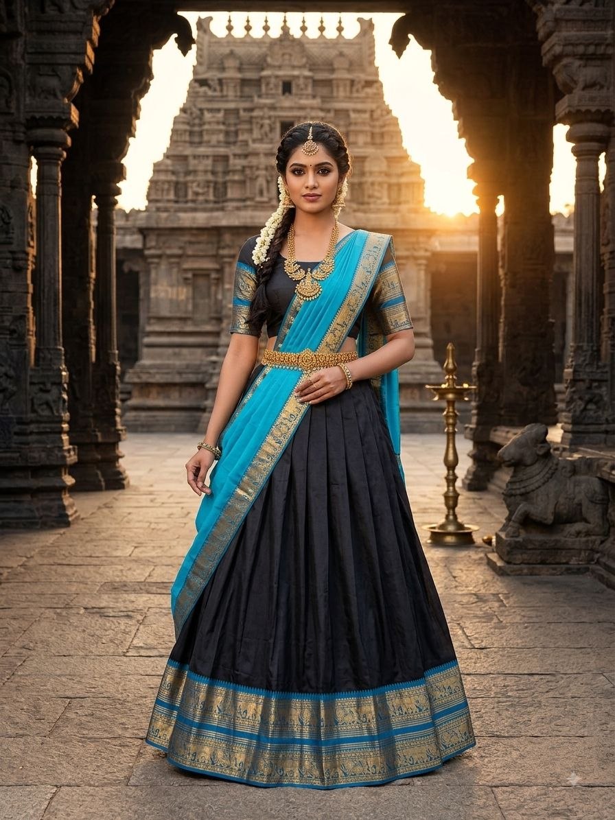 Model Wearing Black And Cyan Blue Kanjivaram Silk Zari Weaving Work Half Saree Langa Voni Set Standing In Front Of A Traditional Temple Background By The Beauty Queen