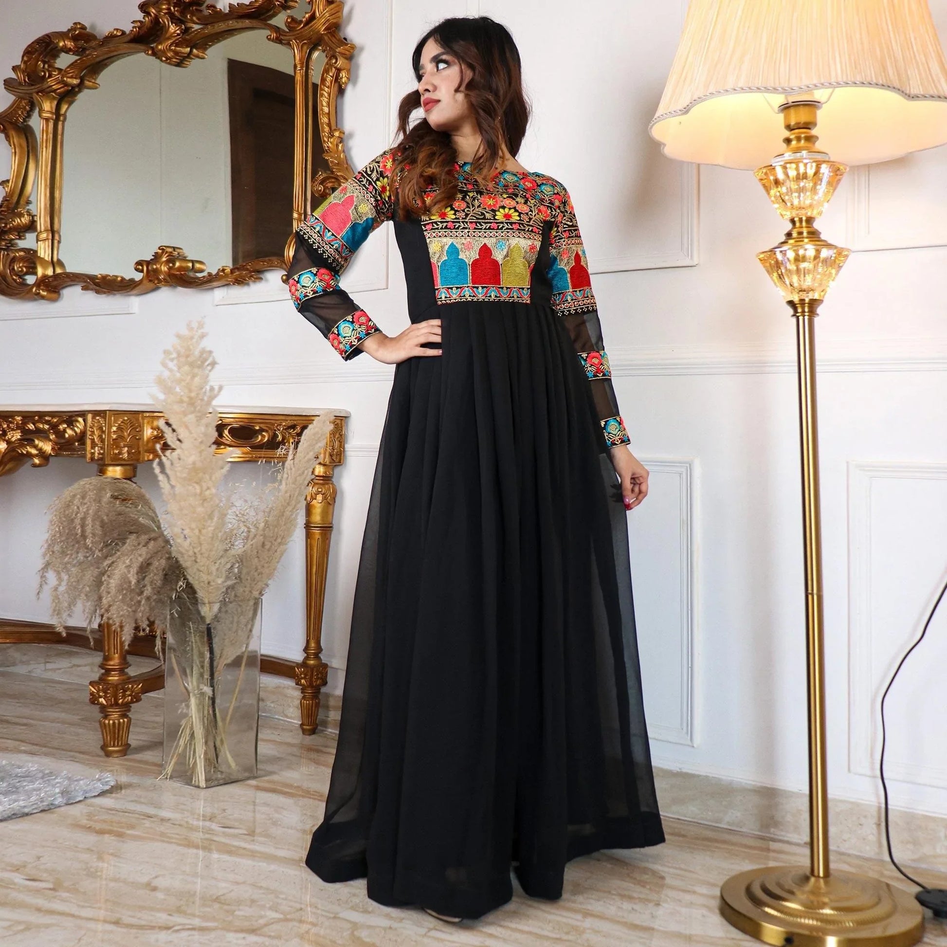 Black Floral Embroidered Flared Floor Touch Georgette Partywear Gown The Beauty Queen