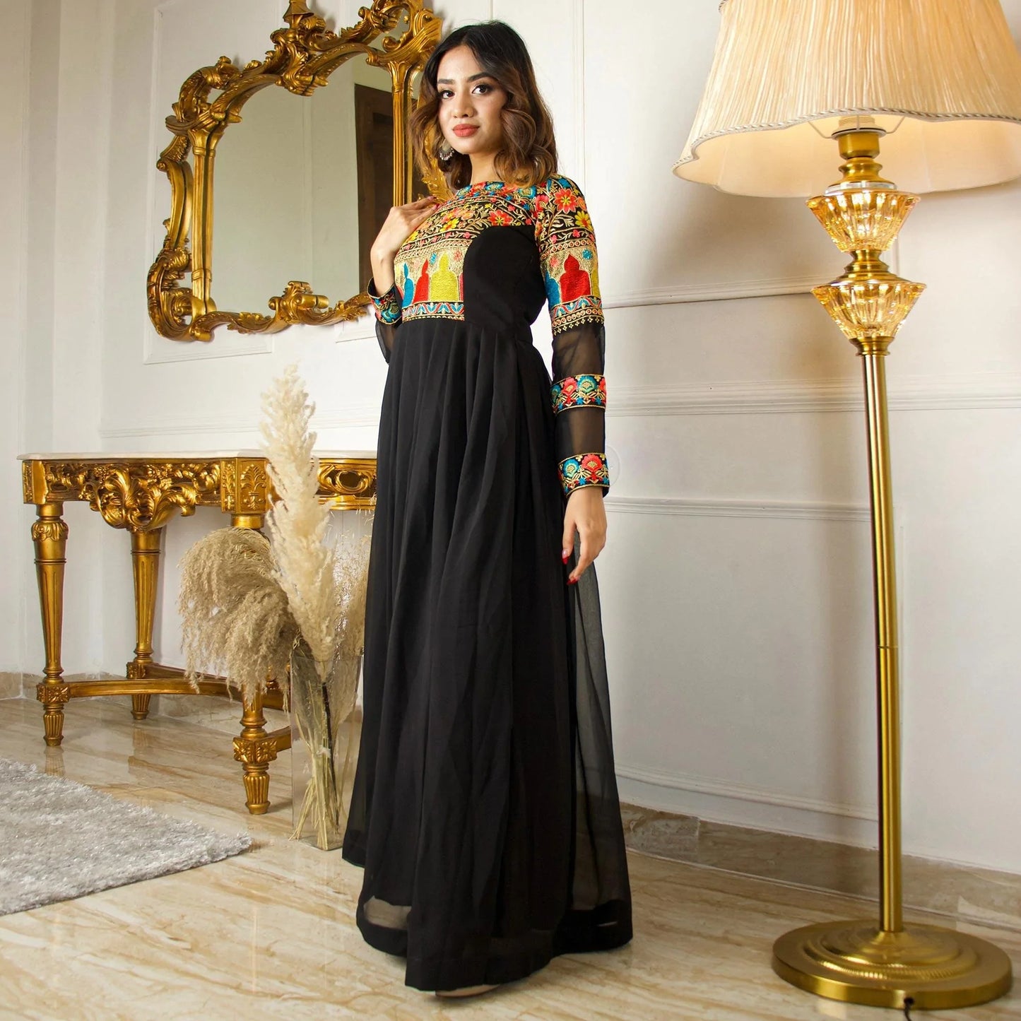 Black Floral Embroidered Flared Floor Touch Georgette Partywear Gown